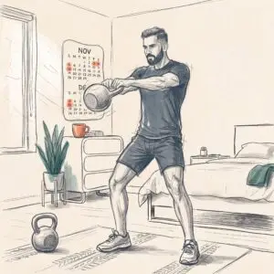 Man in his 40s doing a kettlebell deadlift in his living room at home, demonstrating a beginner-friendly full-body kettlebell workout